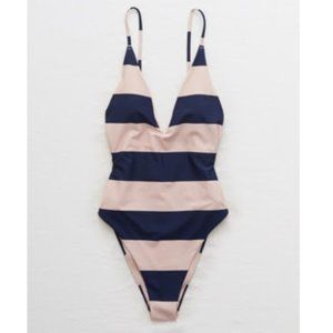NWT Aerie Super Plunge One Piece Swim Suit Pink and Blue Wide Stripe French Cut